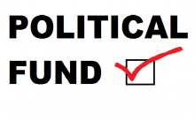 A black logo that says 'political fund' with a red tick
