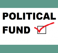 A black logo that says 'political fund' with a red tick
